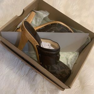 Michael Kors Signature Monogram Logo Print Studded Heel Mules